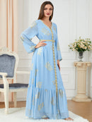 Pleated Chiffon Golden Pattern Split Long Sleeve Dress