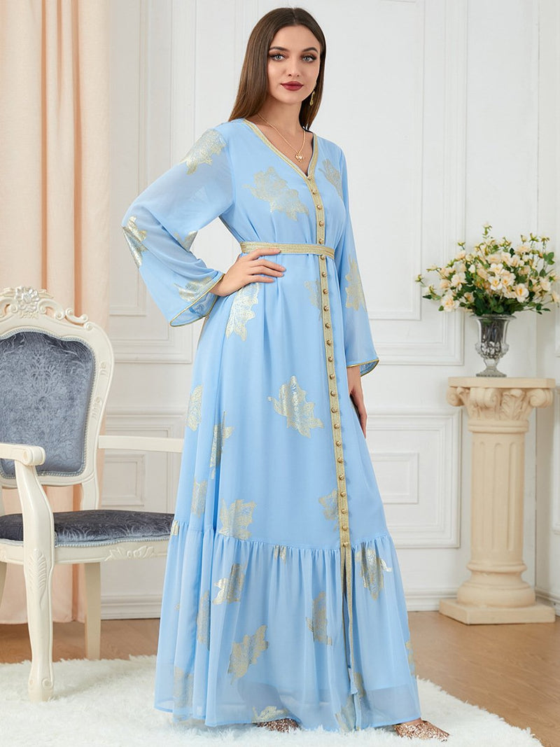 KTX-7982840250584 Pleated Chiffon Golden Pattern Split Long Sleeve Dress