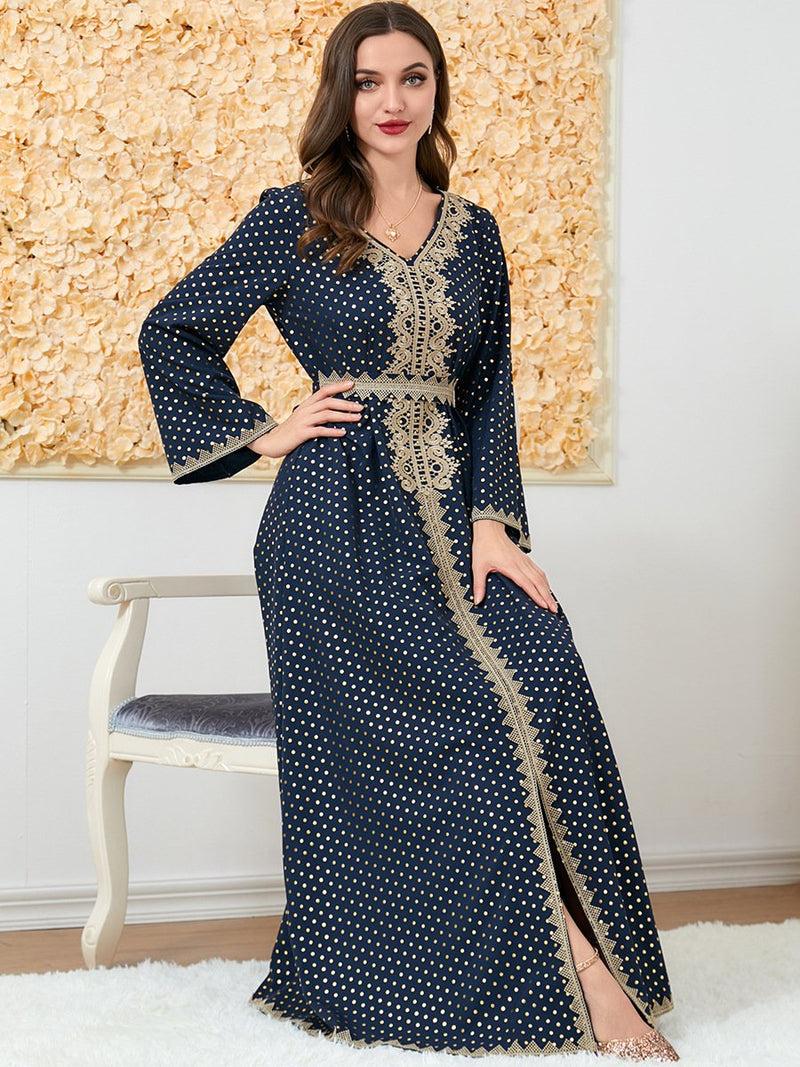 Polka Dot Bind Design V Neck Long Sleeve Blue Dress