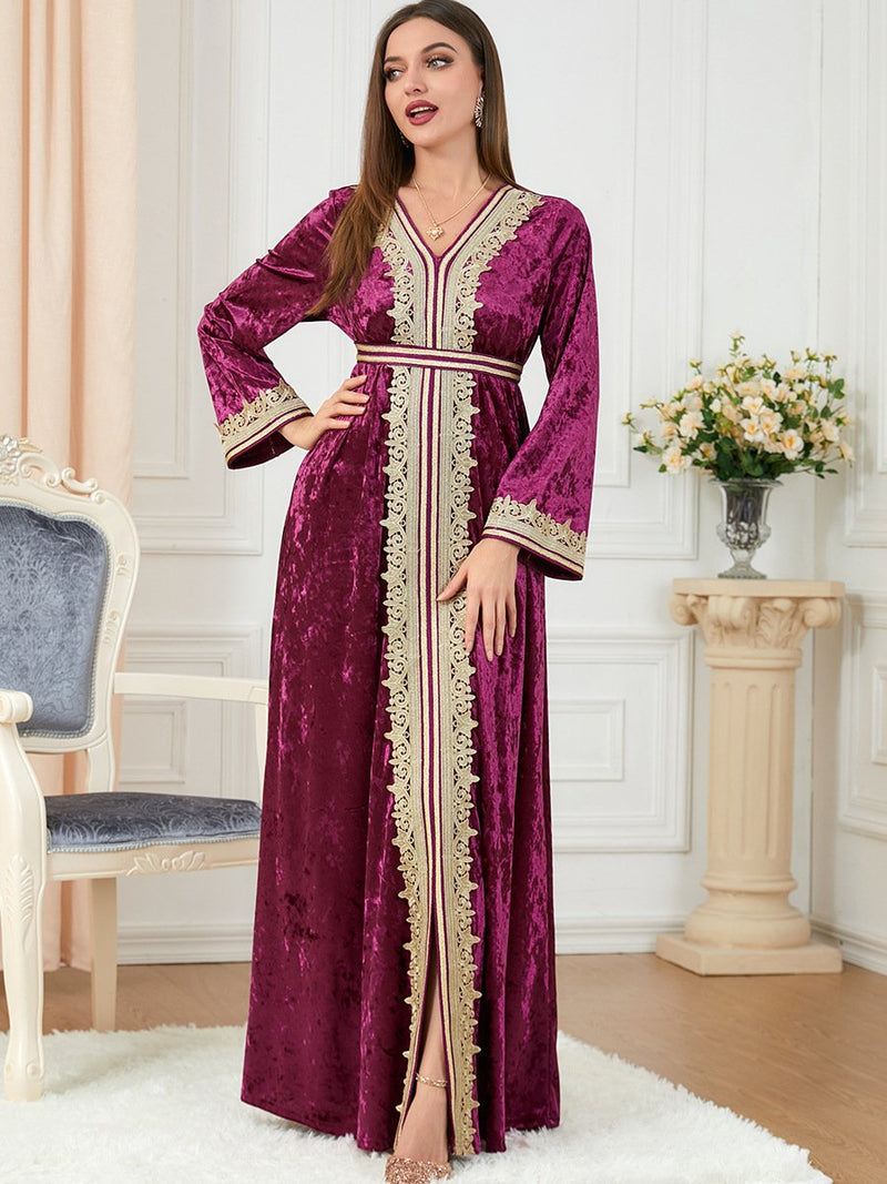 Solid Color Velvet Embroidery Pattern V Neck Long Sleeve Dress