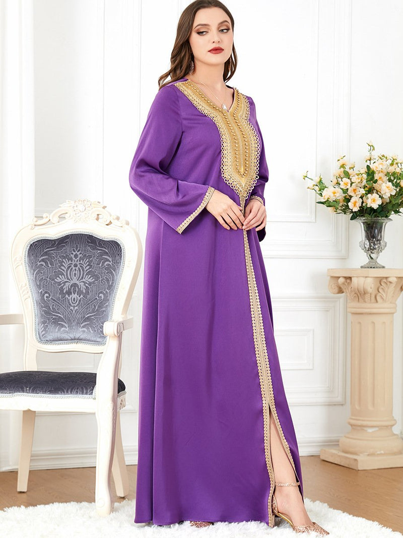 KTX-7982838808792 Golden Bead Split Design V Neck Long Sleeve Purple Dress