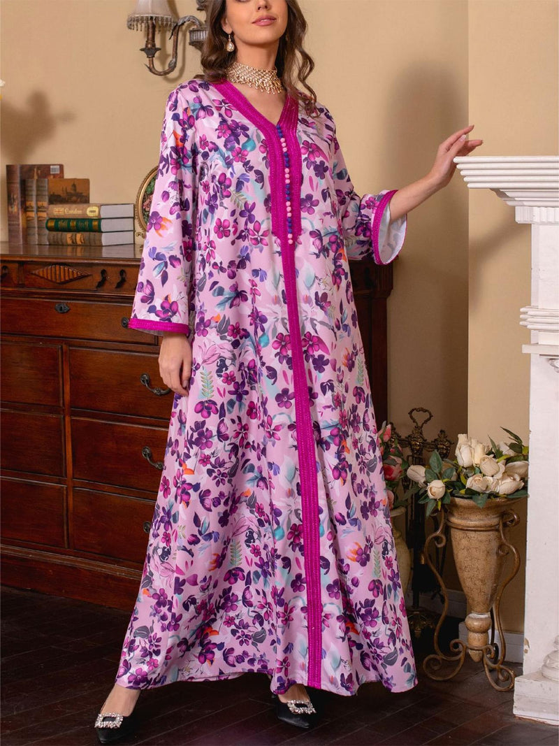 KTX-7982837825752 Elegant Floral Print V-Neck Kaftan