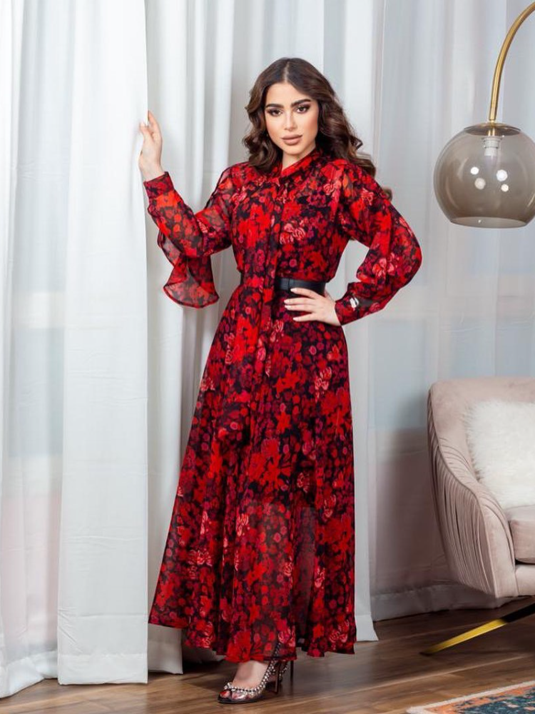 KTX-7982841561304 Floral Print Belted Long Sleeve Tie Neck Kaftan Dress