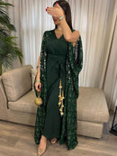 KTX-7981918716120 Green Geometric Embroidery Sequin Jumpsuit and Outwear Two-Piece Set