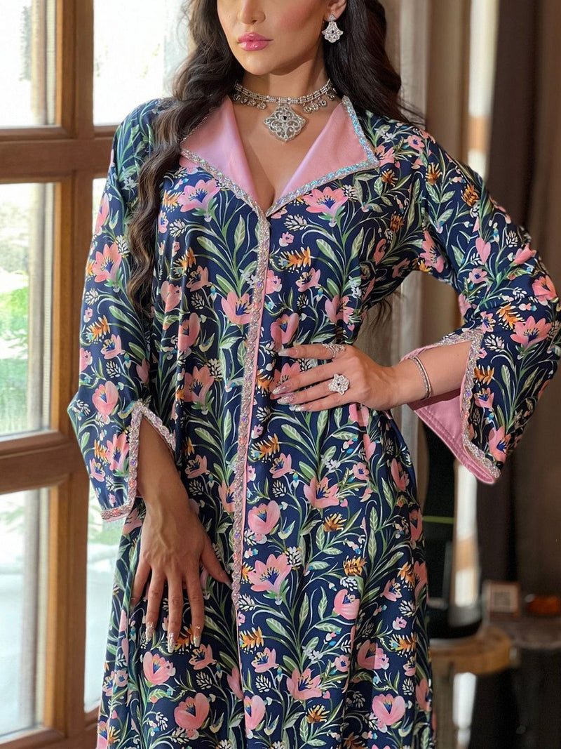 KTX-7982841266392 Floral Pattern Lapel Long Sleeve Kaftan