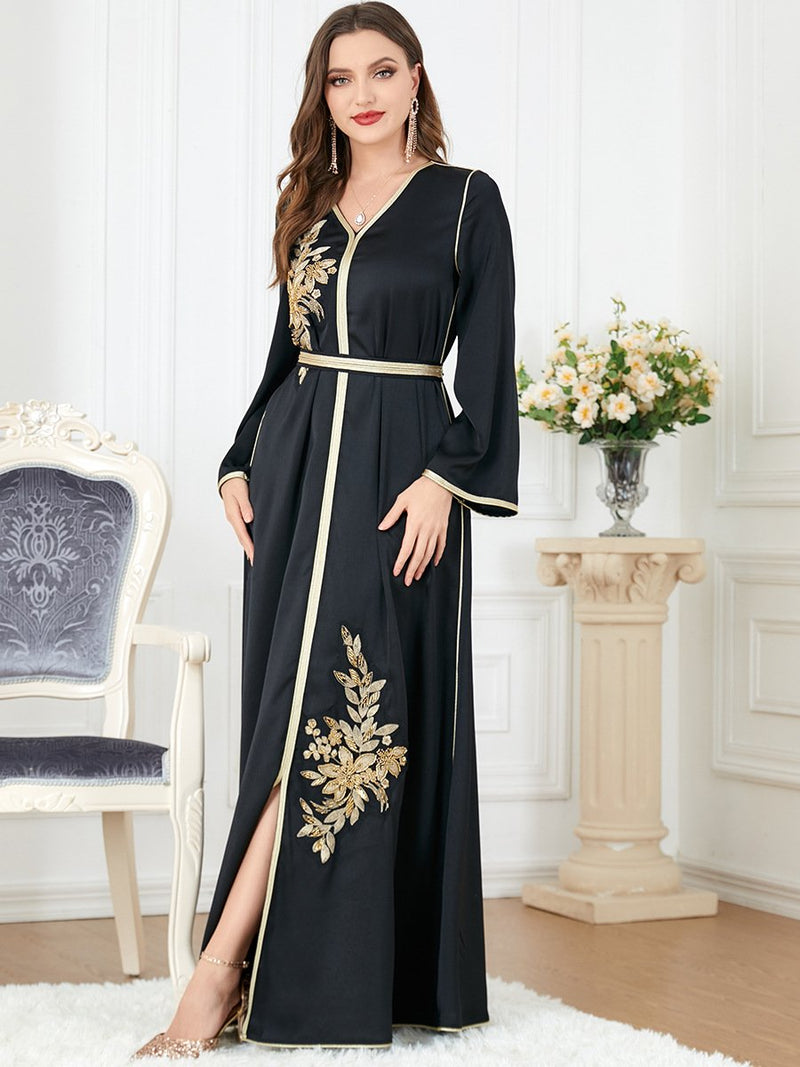 KTX-7982837792984 Gold Flowers Bind Design Split Long Sleeve Elegant Gown