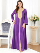 KTX-7982838808792 Golden Bead Split Design V Neck Long Sleeve Purple Dress