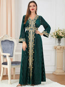 Solid Color Belt Design V Neck Long Sleeve Velvet Dress