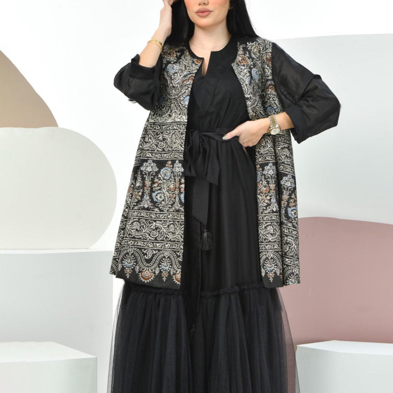 KTX-7982699872472 Ramdan black pattern outerwear & mesh dress set