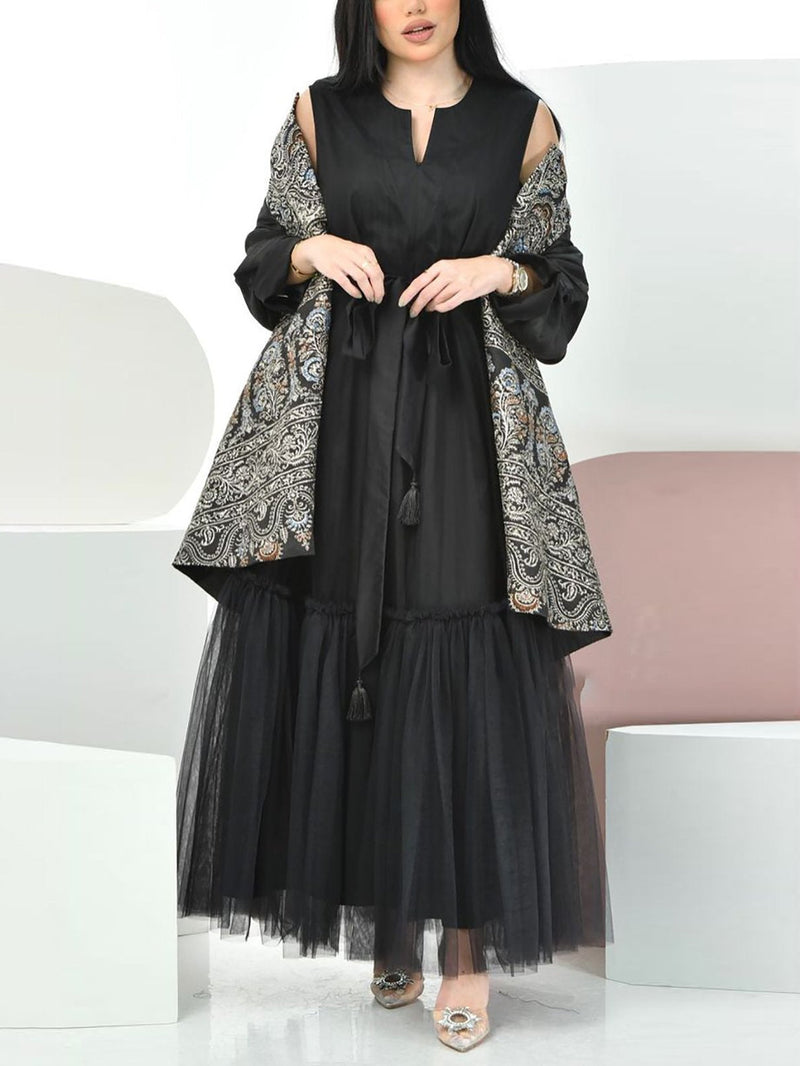 KTX-7981925662936 Ramdan black pattern outerwear & mesh dress set