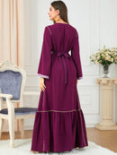 Embroidery Print Splicing Design V Neck Long Sleeve Dress