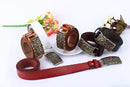 Vintage Women Leather Belt Hollow Out Buckle Flower Print Emboss Waist Strap Waistband Khaki