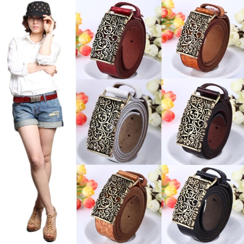 Vintage Women Leather Belt Hollow Out Buckle Flower Print Emboss Waist Strap Waistband Khaki