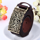 Vintage Women Leather Belt Hollow Out Buckle Flower Print Emboss Waist Strap Waistband Khaki