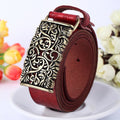 Vintage Women Leather Belt Hollow Out Buckle Flower Print Emboss Waist Strap Waistband Khaki