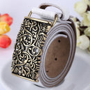 Vintage Women Leather Belt Hollow Out Buckle Flower Print Emboss Waist Strap Waistband Khaki