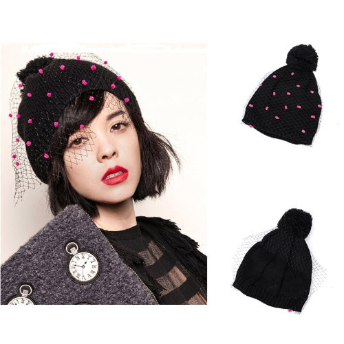 Autumn Winter Fashion Women Vintage Beanie Bobble Decoration Net Veil Crochet Knitted Hat Black