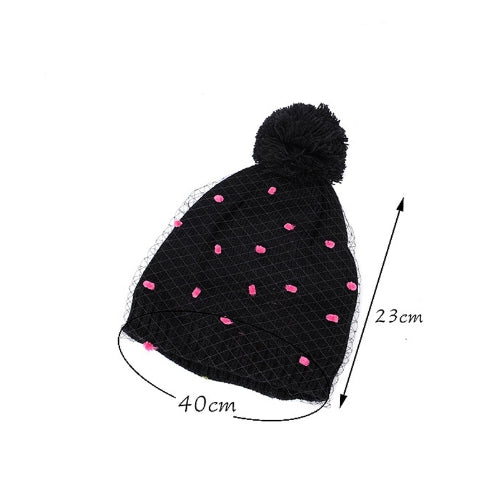 Autumn Winter Fashion Women Vintage Beanie Bobble Decoration Net Veil Crochet Knitted Hat Black