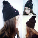 Autumn Winter Fashion Women Vintage Beanie Bobble Decoration Net Veil Crochet Knitted Hat Black