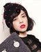 Autumn Winter Fashion Women Vintage Beanie Bobble Decoration Net Veil Crochet Knitted Hat Black