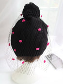 Autumn Winter Fashion Women Vintage Beanie Bobble Decoration Net Veil Crochet Knitted Hat Black