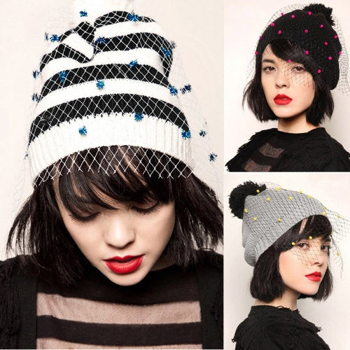 Autumn Winter Fashion Women Vintage Beanie Bobble Decoration Net Veil Crochet Knitted Hat Black