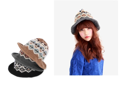 New Fashion Women Knitted Bucket Hat Jacquard Pattern Crochet Vintage Winter Fisherman Hat