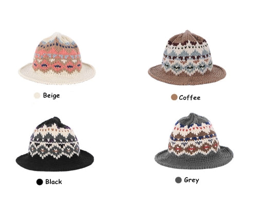 New Fashion Women Knitted Bucket Hat Jacquard Pattern Crochet Vintage Winter Fisherman Hat