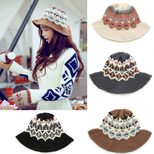 New Fashion Women Knitted Bucket Hat Jacquard Pattern Crochet Vintage Winter Fisherman Hat