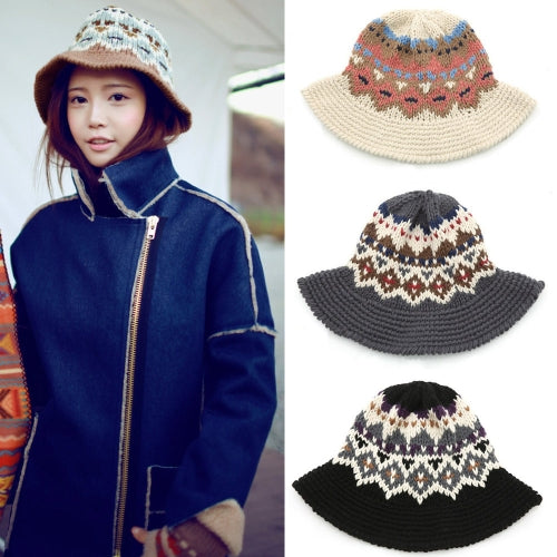 New Fashion Women Knitted Bucket Hat Jacquard Pattern Crochet Vintage Winter Fisherman Hat