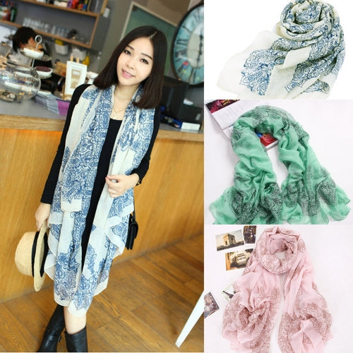 Fashion Elegant Women Scarf Porcelain Printing Long Shawl Wrap Pashmina Beige