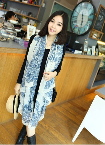 Fashion Elegant Women Scarf Porcelain Printing Long Shawl Wrap Pashmina Beige