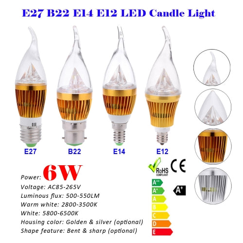 B22 6W LED شمعة ضوء لمبة الثريا مصباح الأضواء عالية الطاقة AC85-265V