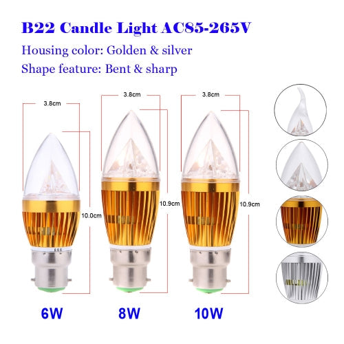 B22 6W LED شمعة ضوء لمبة الثريا مصباح الأضواء عالية الطاقة AC85-265V