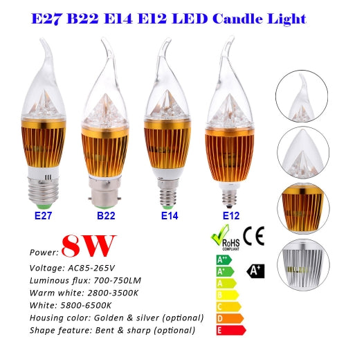 B22 8W LED Candle Light Bulb Chandelier Lamp Spotlight High Power AC85-265V