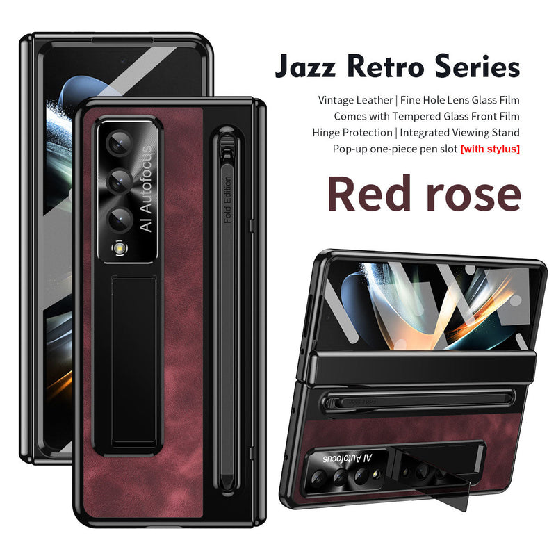 HCW-041101 Jazz Retro Style Anyi-fall Protective Leather Phone Case For Samsung Galaxy Fold5/Fold4 With Front Protection Film And Stylus